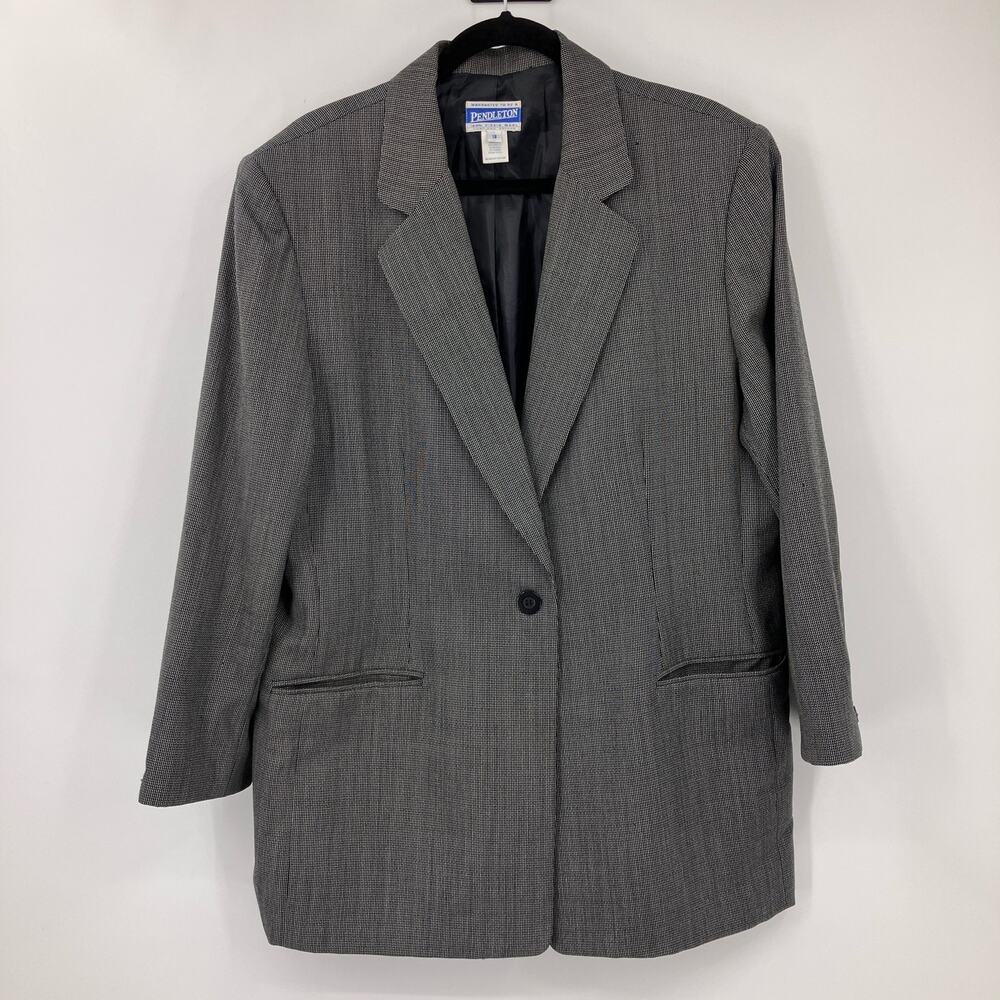 Vintage Pendleton Black White Single Button Lined Wool Pockets Blazer Jacket